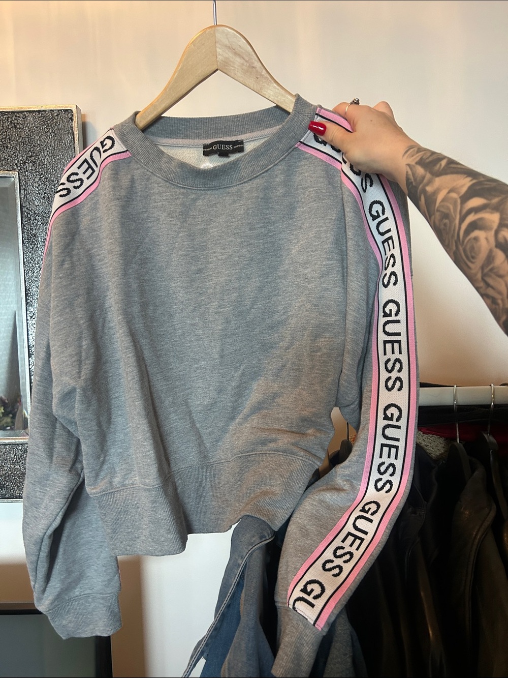 GUESS Grey Crewneck with Pink Logo Detailed Sleeves